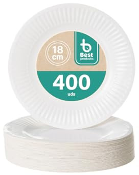 BEST PRODUCTS 400 Platos Desechables | Cartón Ecológicos Biodegradables Compostables y Reciclables | Para Fiestas Cumpleaños Comuniones o Eventos | Redondos Llanos Ø 18 cm
