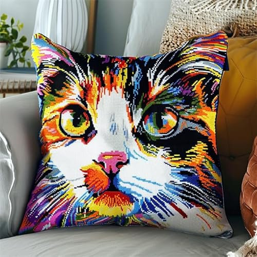 kitphoenix Latch Hook Kissen Kit Katze Knüpfkissen Set für Anfänger Erwachsene oder Kinder zum Selber Knüpfen, DIY Knüpfteppich Knüpfpackung, Knüpfhaken Set 43 x 43 cm