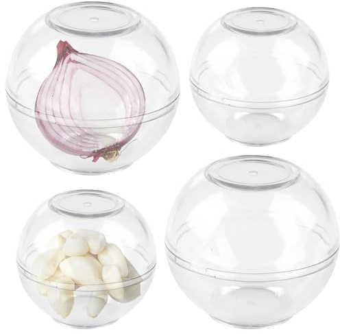 BAIFULAI 4 recipientes para cebollas, bolas de conservación de ajos, frigorífico, plástico, 7 y 9 cm de diámetro, transparente, almacenamiento de ajos y cebollas