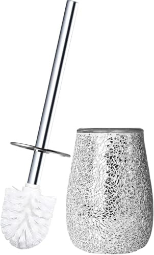 Escenzy Moderne WC-Bürste und Halter Set Mosaik Glas | Nicht Rustikaler Edelstahl | Praktische & Dekorative WC-Bürste und Halter | Luxus Silber Glitzer Badzubehör