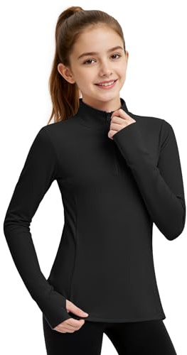 JOCMIC Girls Half Zip Athletic Jacket, Equestrian Horse Riding Long Sleeve Shirt, Kids Workout Jackets for Golf Black 7-8 Years