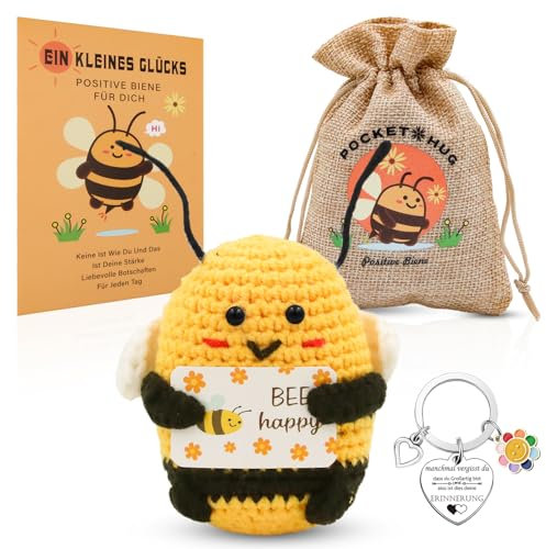 EKKONG Positive Biene Deutsch, Pocket Hug Biene Glücksbringer Geschenk mit Schlüsselanhänger & Umarmung Glücksbringer, Niedliche Häkelbiene Geschenk für Freunde, Kollegen, Kinder