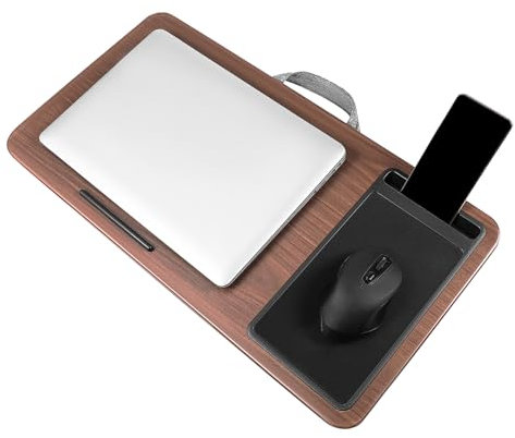 KONTONTY Portable Laptop Desk Tray with Cushion and Device Ledge, Bed and Sofa Lap Desk for Adults, Brown Wood Grain Bedside Laptop Stand for Comfortable Computing
