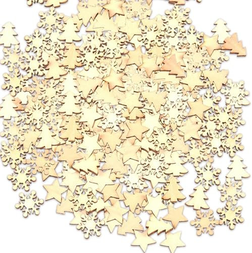 200 Stück Holzsterne Streudeko, Tischdeko Weihnachten, Streudeko Weihnachten, Holzsterne Holz Scheiben Weihnachtsdeko Basteln, Hackschnitzel für Tischdeko Weihnachtsfeier, Geburtstag, Hochzeitsdeko
