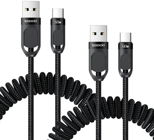 toocki 2Pack Cable Espiral USB A a USB C, Carga Rápide, 1.5M, Negro | Retráctil Carga Veloz USB-C, Cordón Enrollable, para Android Auto/CarPlay/Samsung S20/S10/S9/S8+/Note 10/9/8, Ideal Coche