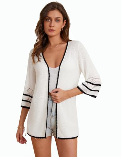GRACE KARIN Cardigan Donna Aperto Davanti Elegante Lungo Maniche 3/4 Contrasto Colore Maglia Primavera Estate Bianco L