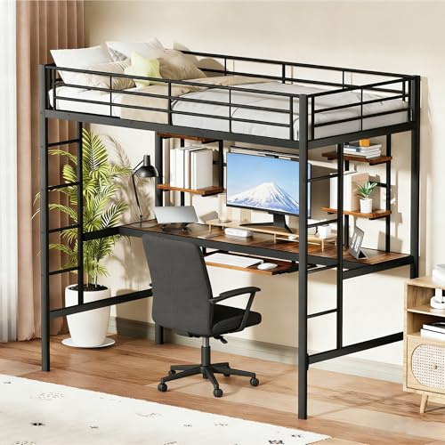 Hochbett Metall 90x200, Hochbett mit Schreibtisch, Vier Kleinen Regalen und Fallschutz füR Jugendliche und Erwachsene (Schwarz)