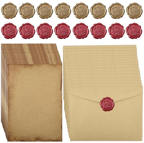 Bohoray 48 Stück Briefpapier mit Umschlag, Vintage Schreiben Set mit 16 Umschlag, 16 A5 Briefpapier und 16 Wachssiegel, Vintage Briefumschläge für Valentinstag, Hochzeits Einladung, Geburtstag