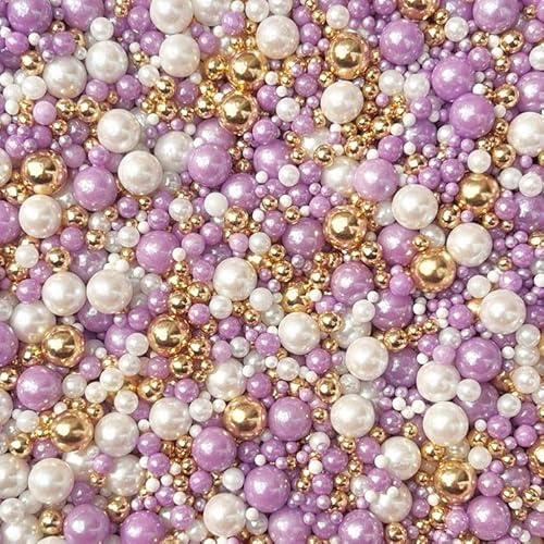 Purple Lilac white metallic gold sprinkles for cakes cupcake edible pearls Mother's Day toppers sprinkle mix balls 100s 1000s decoration baking biscuits cake topper Eid wedding VIOLA