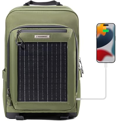 ROCKBROS Mochila Solar 20L con Panel Solar Flexible y Desmontable 10V 14W Puerto USB-C de Carga Rápida Multiusos para Senderismo Camping y Viajes al Aire Libre