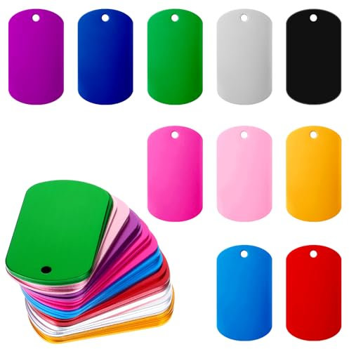 Dimeho 25 Stück Aluminiumgravur Rohlinge, Stanzrohlinge Aluminium Blank Dog Tags Schildform Mit Loch Metallprägungen Farbe Metall-Tags zum Gravieren Blanko-Hundemarken Blanko-Schilder zum Gravieren