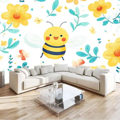 Papel Pintado Murales Decorativos Pared Flores De Abeja Dibujos Animados Simples Y Lindas 300 x 210 cm decoración de pared Blanco, para niños habitación salón Fondo De Tv, póster de pared