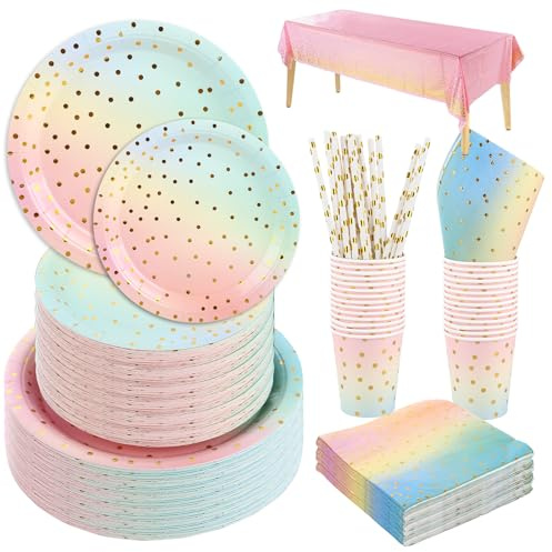 SHUESS 252 Pcs Rainbow Paper Plates and Napkins Set, Pink and Gold Party Tableware, Disposable Golden Dot Party Supplies Includes Pink Paper Plates, Napkins, 9oz Cups, Tablecloth, Straws, Serves 50