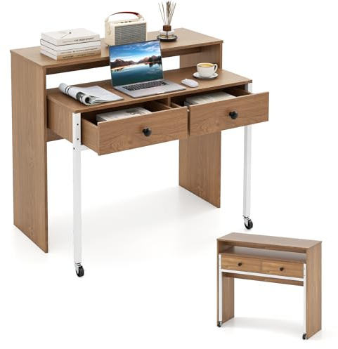 GIANTEX Schreibtisch, Computertisch mit Regal, 4 Schubladen & Rollen, PC Tisch für Home Office & Arbeitszimmer, 100 x 63 x 88 cm (Natur)