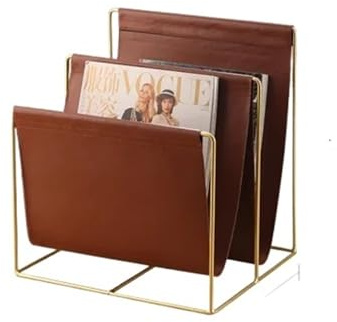 ZeitungsstäNder Leichtes Luxus-Bücherregal aus Eisen, Metall, Leder, Kleiner Zeitungsständer, amerikanisches Wohnzimmer, Zeitschriftenregal, Bodenregale(Double Layer Style)