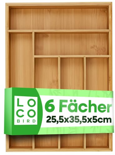 Loco Bird Bandeja para Cubiertos de Cajón Hecha de Bambú, 6 Compartimentos, 25,5 x 35,5 x 5 cm, Bandeja Ajustable para Cubiertos de Cajón, Organizador de Cubiertos, Inserto de Cajón de Madera para