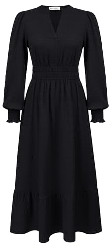 GRACE KARIN Casual Fall Fancy Dress for Adults Henley V-Neck Long Lantern Sleeve Smocked Maxi Dresses for Wedding Guest Church Black Dress L