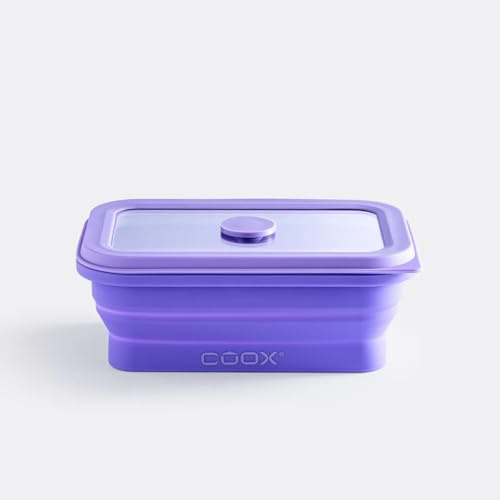 coox Faltdose 450 ml – faltbare, luftdichte Silikon-Frischhaltedose mit Glasdeckel & Glasboden – ofen-, mikrowellen-, gefrier- & spülmaschinengeeignet – Farbe Lila