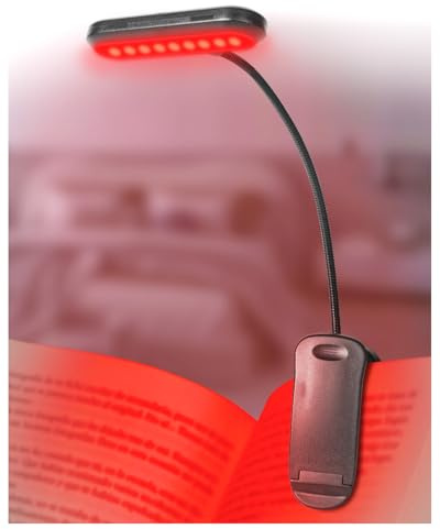 Lamptobe Lámpara de Lectura para Libros en la Cama, Luz Roja 670nm con Pinza y Función Memoria, Regulable & Recargable USB, Luz Noche sin Luz Azul, Portátil para Leer
