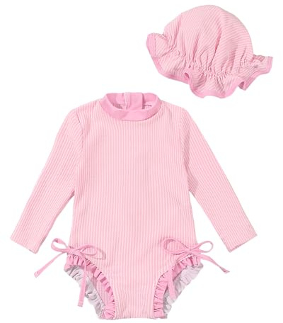 JiAmy Maillot de bain pour bébé fille avec chapeau de soleil, manches longues, protection UV, maillot de bain pour bébé fille, Rose, 0-3 mois