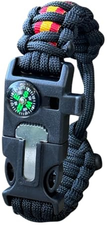 Pulsera de supervivencia ESPAÑA a medida 5 EN 1 con silbato, brújula, pedernal, raspador y cuerda de paracord 550 tipo III. Hecha a mano en España. Color NEGRO. (AJUSTABLE)