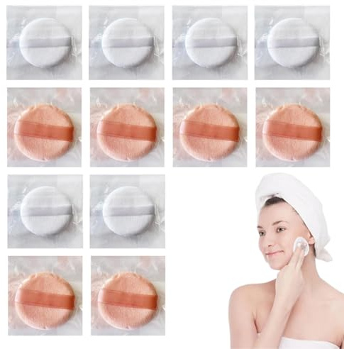 ARYIMYDP 12 Cuscini Cipria Vellutati, Imballaggio Singolo per Trasporto, Spugna Trucco Viso/Corpo con Laccetto, Materiale Morbido per Cipria Libera, Cipria Compatta, Cipria Fissante(5.5cm Tondo)