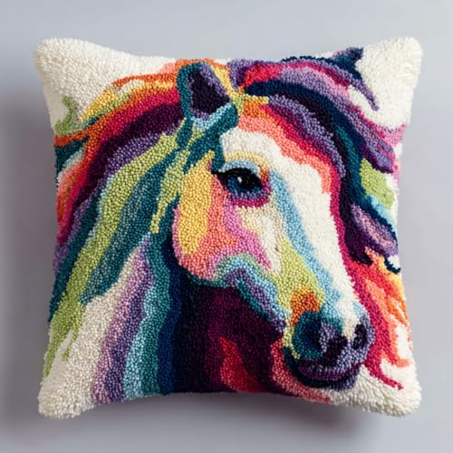 Henypt Kits De Crochet Pour Débutants, Cheval Kit de Coussin avec Crochet à Loquet,Latch Hook Kit Coussin À Crocheter 43x43cm