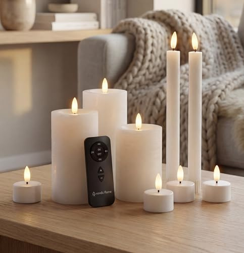 Nordic Flame 10er-Set LED Kerzen Weiß mit Fernbedienung – kompatibel mit Deluxe Homeart – Echtwachs LED-Kerzenset mit 3D-Flamme & Timer – für Innenbereich