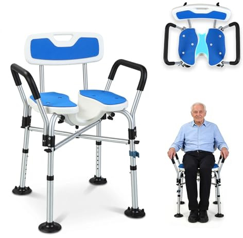 Duschstuhl für Senioren Duschstuhl mit Armlehnen Rückenlehne Duschstuhl Klappbar, Duschhocker HöHenverstellbar mit Hygieneausschnitt 150 Kg Rutschfestes Design