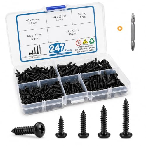 247Pcs Self Tapping Screws, M3 M4 Black Small Wood Screws Assortment Kit | 304 Stainless Steel Pan Head Screw, Phillips Drive Screw with Bit for Wood, Plastic, Furniture & DIY