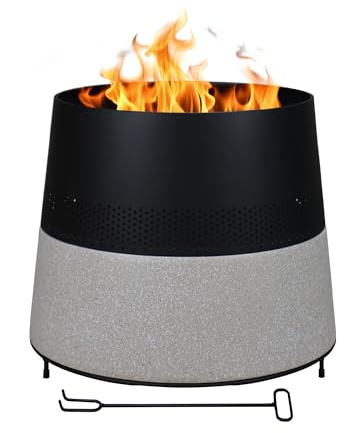 Braciere da Esterno a Legna in MGO e Ferro Verniciato a Polvere, Fire Pit Rotondo con Base Effetto Pietra, Resistente alla Ruggine e al Calore, 56,5 cm