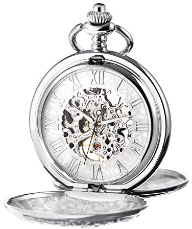 TREEWETO Reloj de bolsillo unisex con cadena, cuerda manual mecánica, doble bisagra, esqueleto antiguo, números romanos