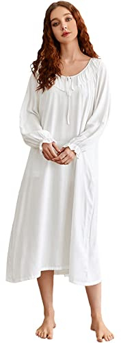 Nanxson Women Soft Nightdress Long Sleeve Nightshirts Vintage Victorian Loose Slip Sleepwear Crew Neck Nighties Light Nightgown (M,White)