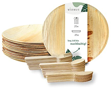 wiseware Lot de 100 assiettes en feuille de palmier, 25 couteaux, fourchettes et cuillères - Jetables en feuille de palmier et bois de bouleau - Alternative au bambou et plastique biodégradable