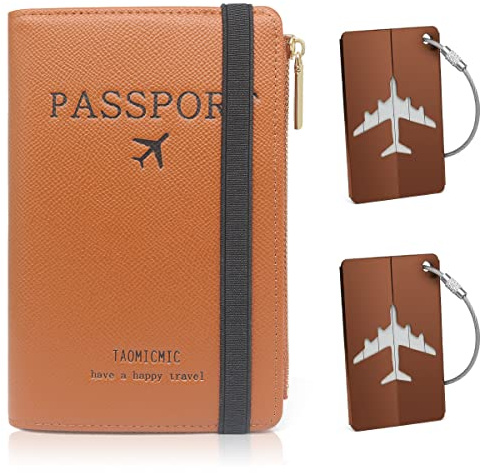 HNOOM Reisepasshülle, Premium PU Leather Passport Cover mit RFID Blockier, 1PCS Reisepass Organizer & 2PCS Kofferanhänger, Schutzhülle Reisepass für Kreditkarten, Ausweis und Reisedokumente (Braun)