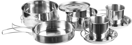 Mil-Tec Camping Koch‑Set Edelstahl • Edelstahl Outdoor Kochgeschirr • Kompakt & stapelbar • Ausklappbare Griffe • Deckel als Teller
