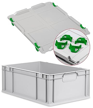 Eurobox NextGen Economy 60x40x17cm Griffe geschlossen mit Auflagedeckel grau, Kunststoffbox 34 Liter stapelbar Transportbehälter lebensmittelecht, Farbe Deckel-Verschlüsse wählbar (Verschlüsse Grün)