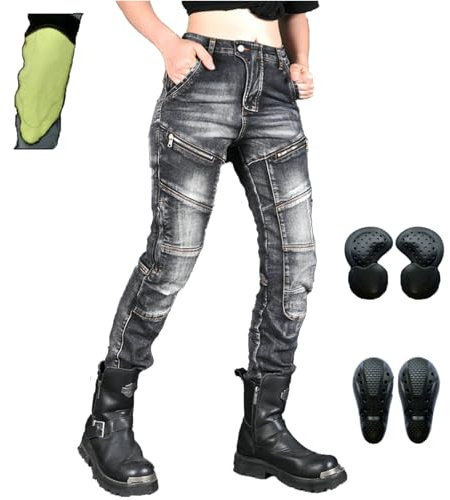 HOMDECR Damen Slim Fit Motorrad Jeans Mit Protektoren Knie Und Hüftprotektoren Stretch Slim Fit Denim Motorradhose Cargo Motorradjeans Schutzhose Biker Pants (Schwarz,XXS)