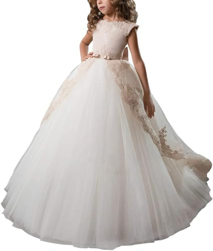 PLWEDDING Vestido Elegante de Flores para Niña Largo de Encaje Festivo Tul Voluminoso Vestido de Baile, champán, 12-13 años