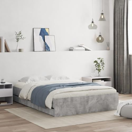 ZQQLVOO Bed Frame Lattenrost Palettenbett Bodenbett Bettgestell mit Schubladen Betongrau 120x200 cm Holzwerkstoff
