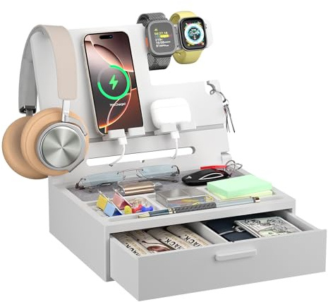 Pezin & Hulin Grand plateau de rangement de bureau avec tiroir, peut contenir téléphones, montres, portefeuille et gadgets, cadeaux pour anniversaire, homme, femme, mari, fils, petit ami, lui – Blanc