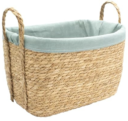Box and beyond - Panier de rangement - 40 x 28 x 32 cm - Jonc de Mer Naturel - Doublure polycoton Bleue - Poignées - Linge, Vêtements, Accessoires - Salle de bain, Buanderie, Chambre - Style Bohème