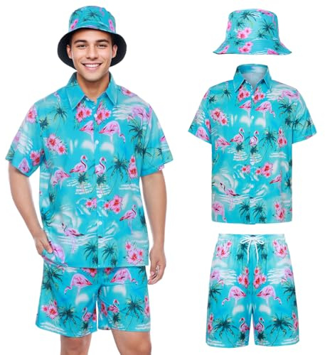 SERTAS Lot de 3 chemises hawaïennes pour homme - Tenue hawaïenne pour homme - Avec chemise flamant rose et short - Chapeau de pêcheur - Tenue de loisirs et de festival - Ensemble de chemises flamant