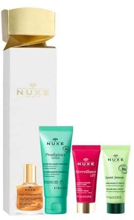 NUXE Festive Christmas Cracker – Deluxe Mini Skincare Set with Hand Cream, Shower Gel, Multi-Purpose Dry Oil & Firming Cream – Holiday Beauty Gift for Glowing Skin