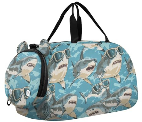 Bolsa de deporte multifuncional con diseño de animales con gafas, tiburones persiguiendo a las niñas, con compartimento para zapatos, ideal para ir a la playa, natación, piscina, deportes, para hombre