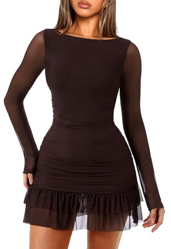 OZICERD Women Boat Neck Bodycon Mini Dresses Long Sleeve Going Out Dress Ruffle Mesh Short Elegant Club Cocktail Party Dress Brown XS