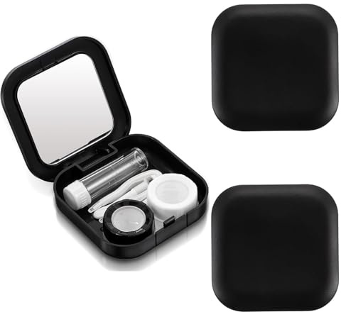 UDNUYFGZ 2 Pcs Black Contact Lens Case with Mirror, Portable Contact Lens Soaking Case with L and R Caps Tweezers Wearing Stick for Travel and Home