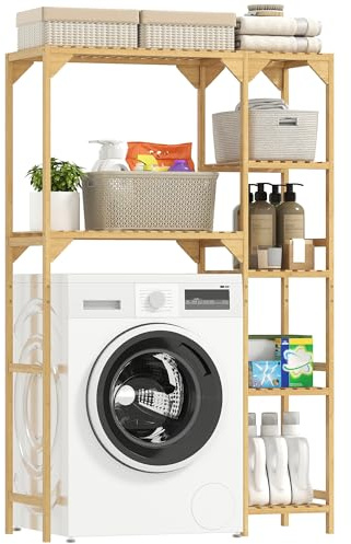 HOMCOM Étagère de salle de bain en bambou avec 7 niveaux - Étagères réversibles - Étagère au-dessus de la machine à laver et des toilettes - Pour salle de bain, buanderie, naturel