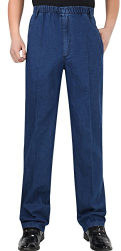 Youlee Hombres Cintura elástica Pantalones Rectos Jeans Blue XXL