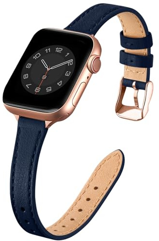 SUNFWR Leather Strap for Apple Watch 42mm(Series 11/10)41mm 40mm 38mm Women | Slim&Thin Genuine Leather iWatch Replacement Elegant Band fits iWatch Series 11 10 9 8 7 6 5 4 3 2 1 SE(Dark blue&Rosegold)